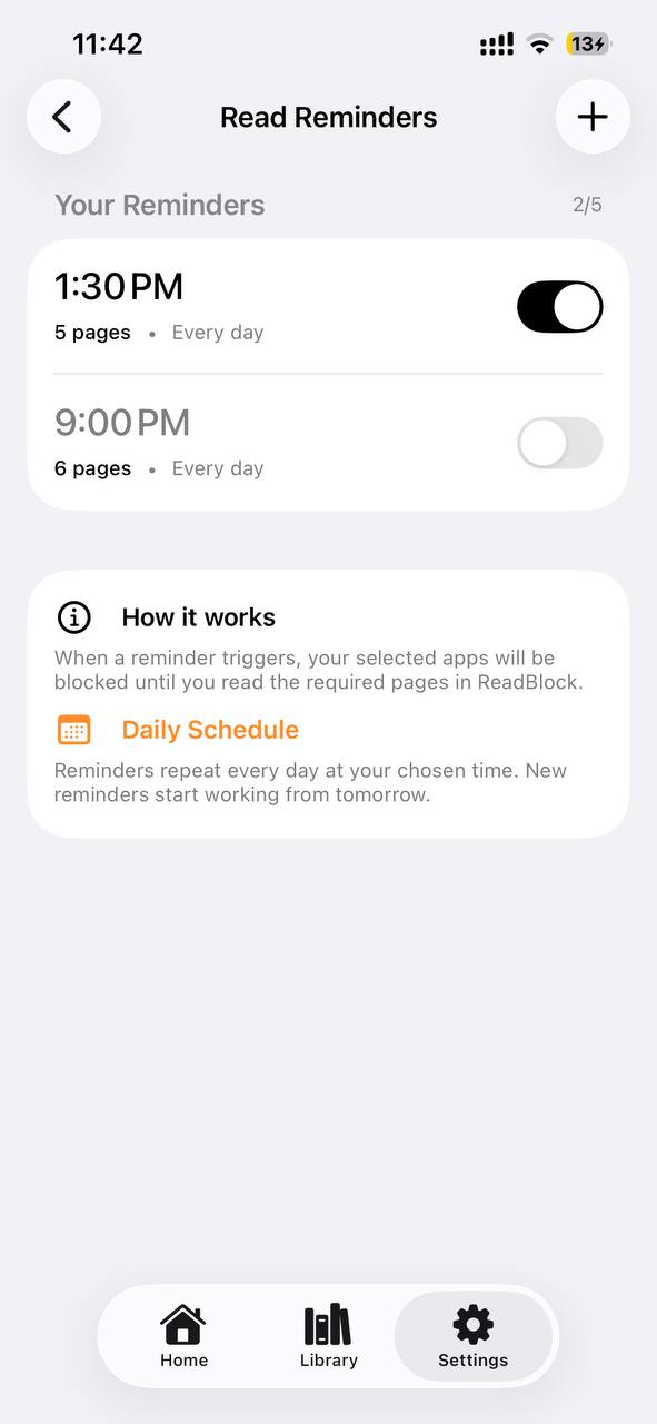 Read Reminders screen with scheduled daily reading goals